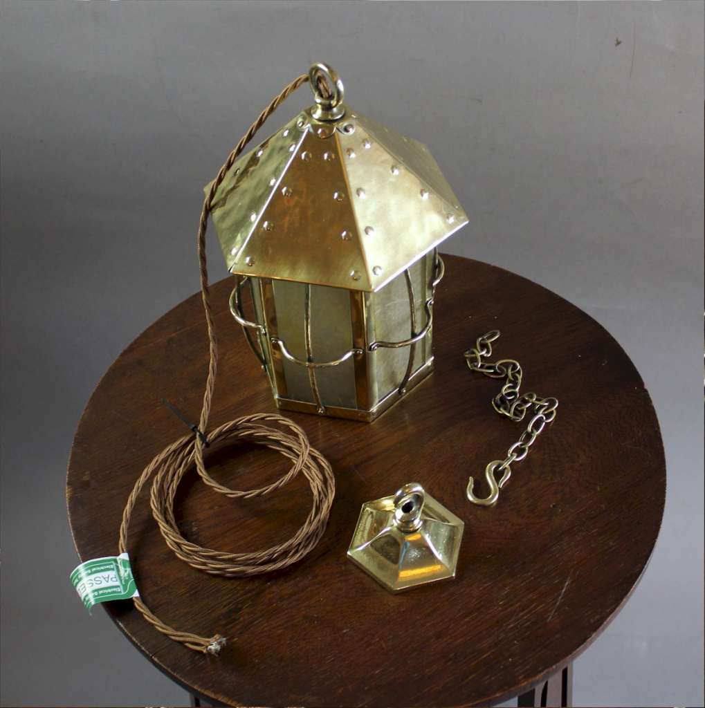 Arts and crafts brass caged hall lantern