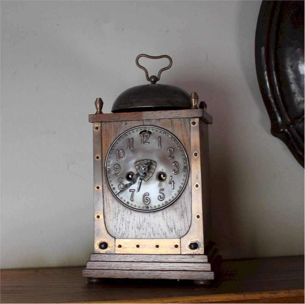 Arts and Crafts mantle clock oak and copper