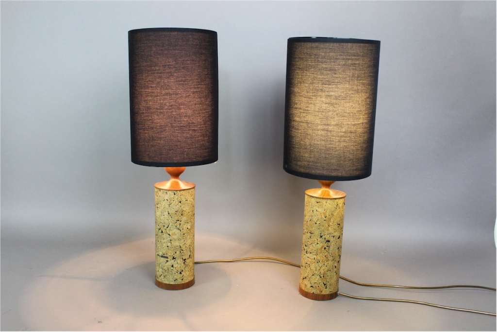 Pair of mid century teak and cork table lamps c1970's