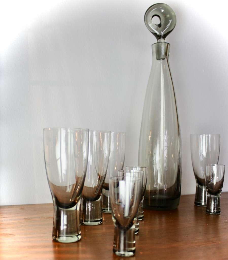 Per Lutken smoky grey glass Aristocrat decanter and twelve glasses.