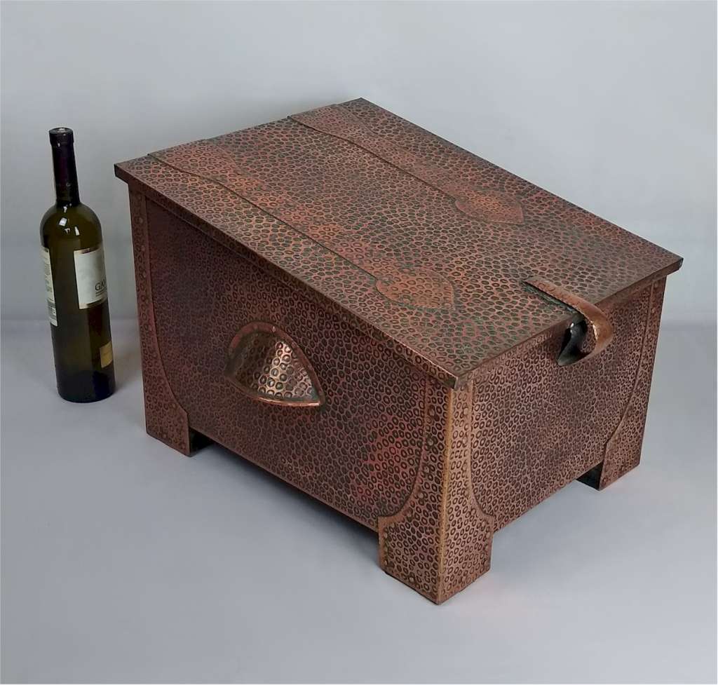 Arts and crafts coal / log box in hammered copper