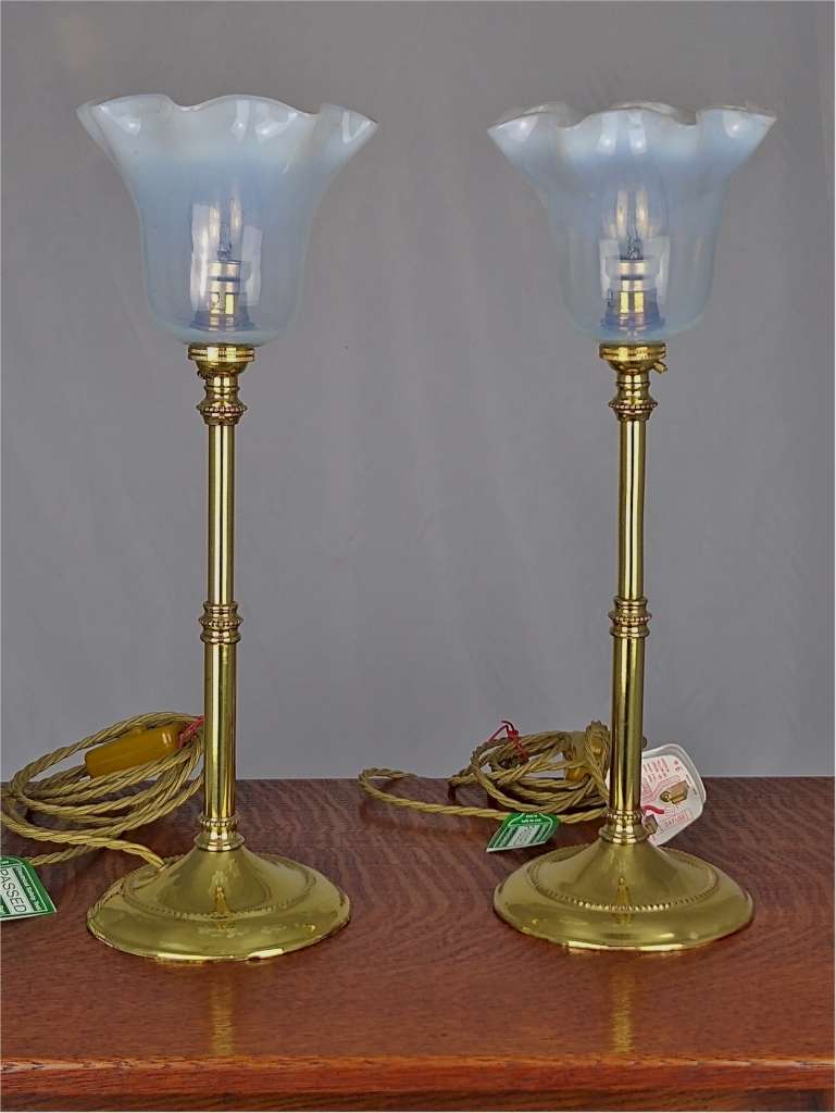 Pr Arts and crafts table lamps , vaseline shades