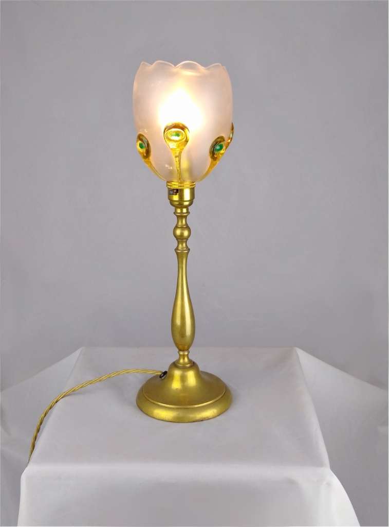 Art nouveau table lamp in brass , Stuart shade