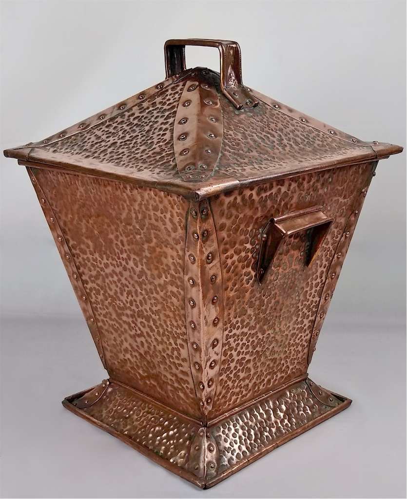 Arts and crafts coal box in hammered copper