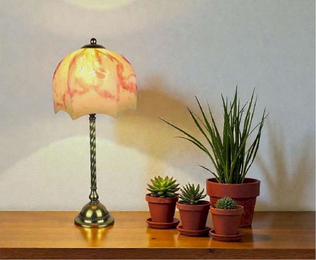 Arts and crafts table lamp in brass with glass shade