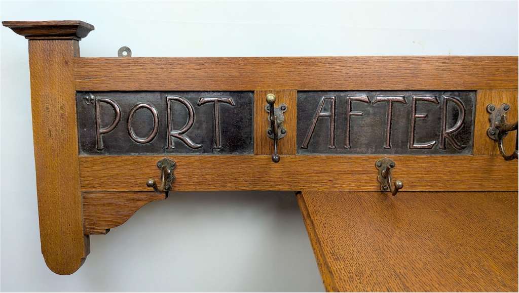 Arts and crafts hat/coat rack with copper motto