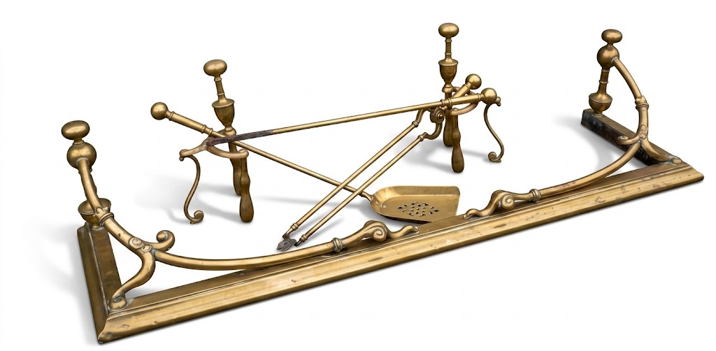 Complete Art Nouveau fireplace set , fender ,firedogs and 3 piece companion