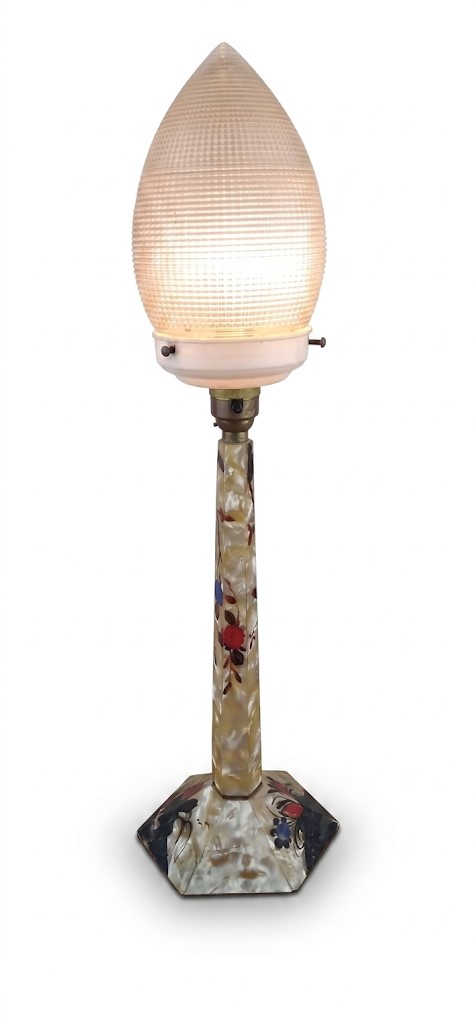 1930's cellulose table lamp with prismatic glass shade