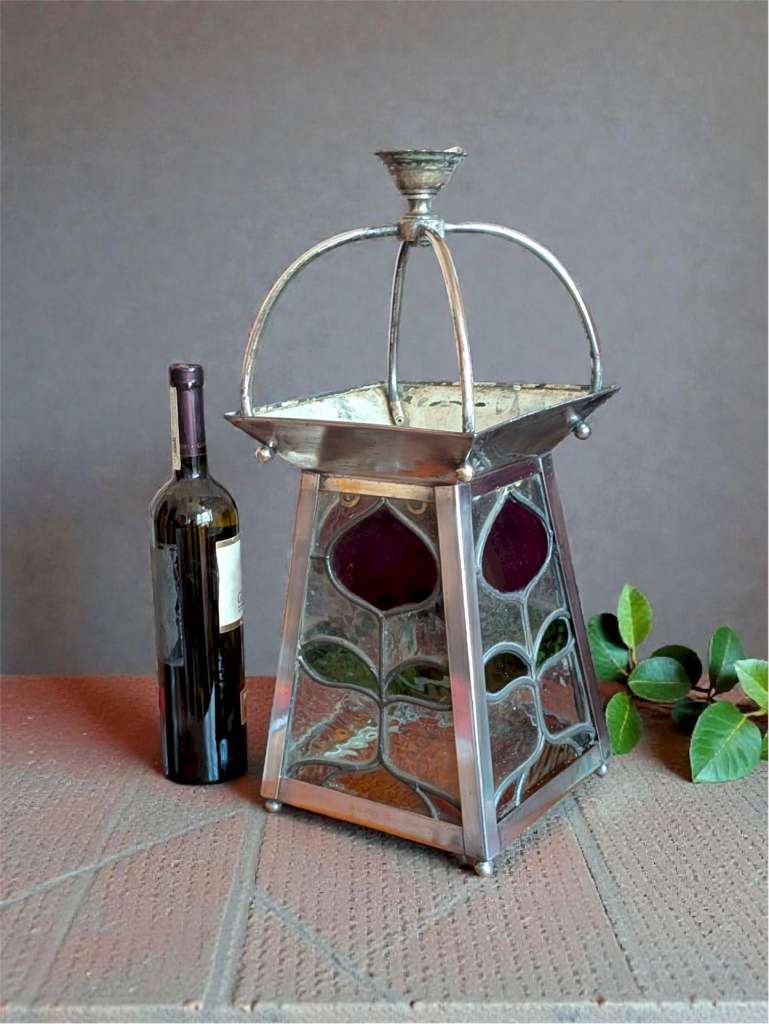 Arts and crafts ceiling light red green & yellow glass