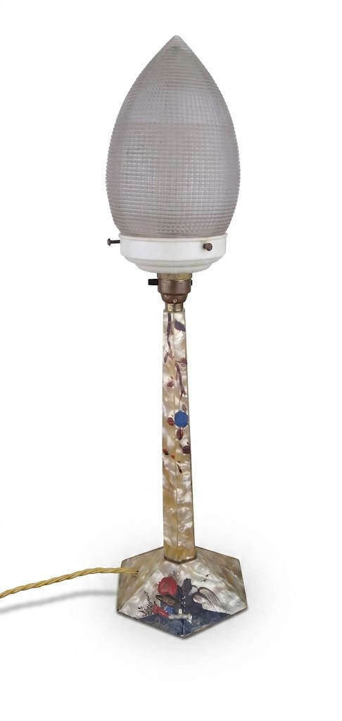 1930's cellulose table lamp with prismatic glass shade