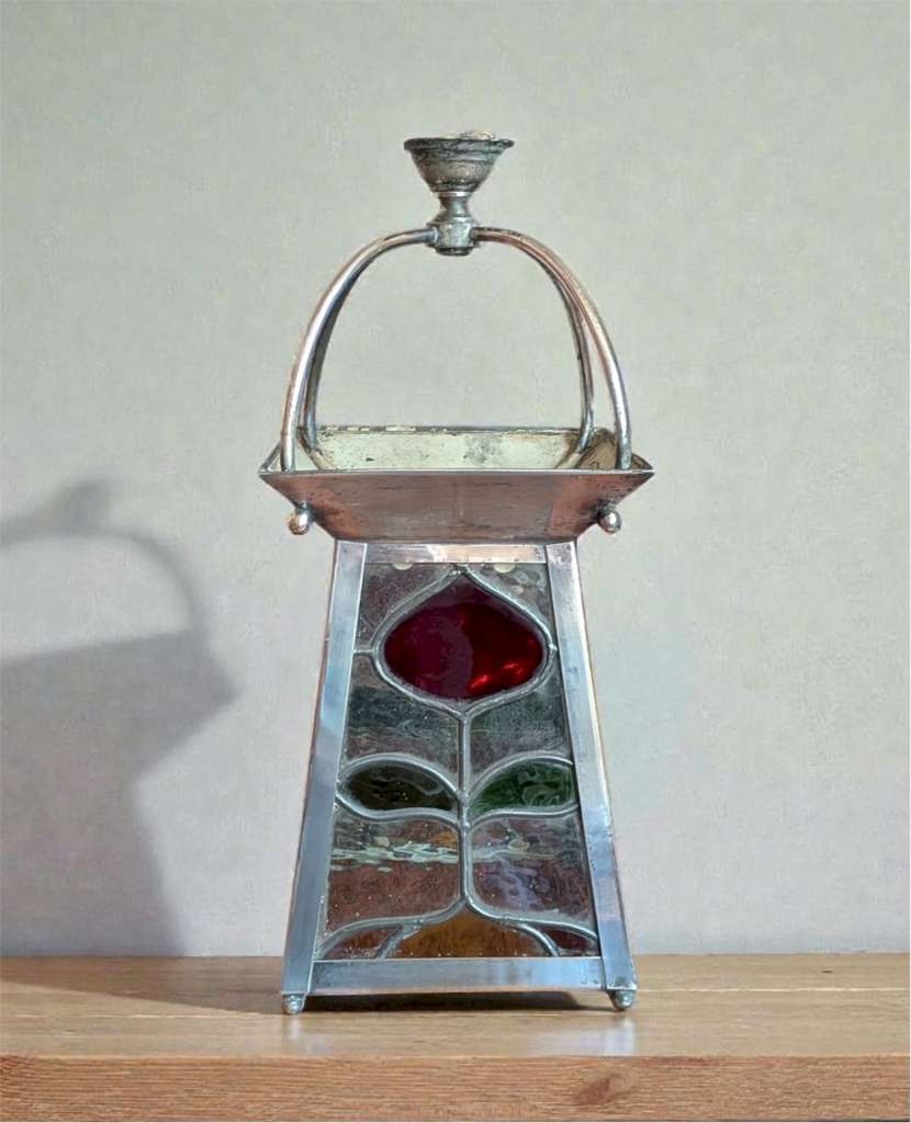 Arts and crafts ceiling light red green & yellow glass