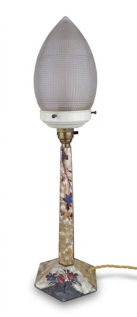 1930's cellulose table lamp with prismatic glass shade