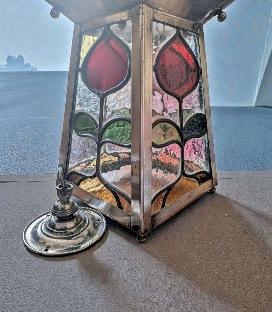 Arts and crafts ceiling light red green & yellow glass