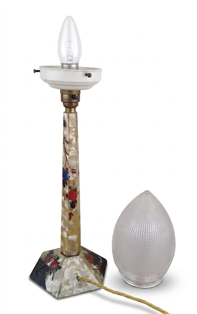 1930's cellulose table lamp with prismatic glass shade