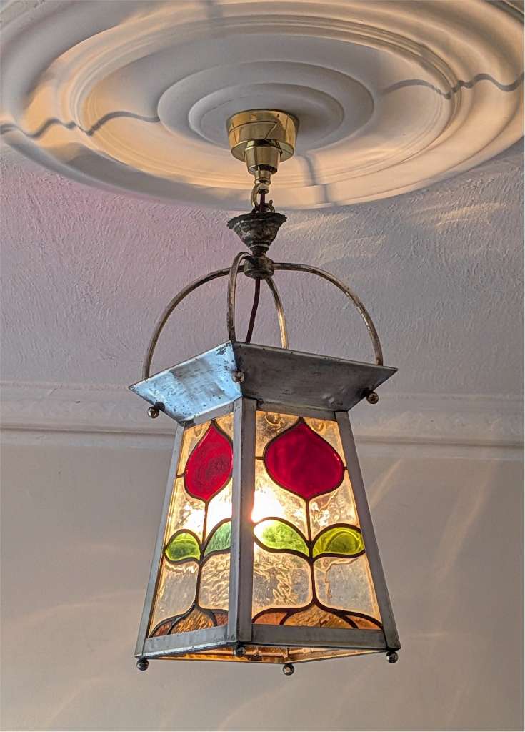 Arts and crafts ceiling light red green & yellow glass