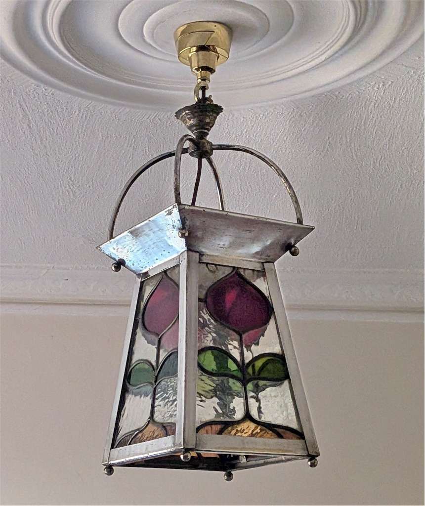 Arts and crafts ceiling light red green & yellow glass