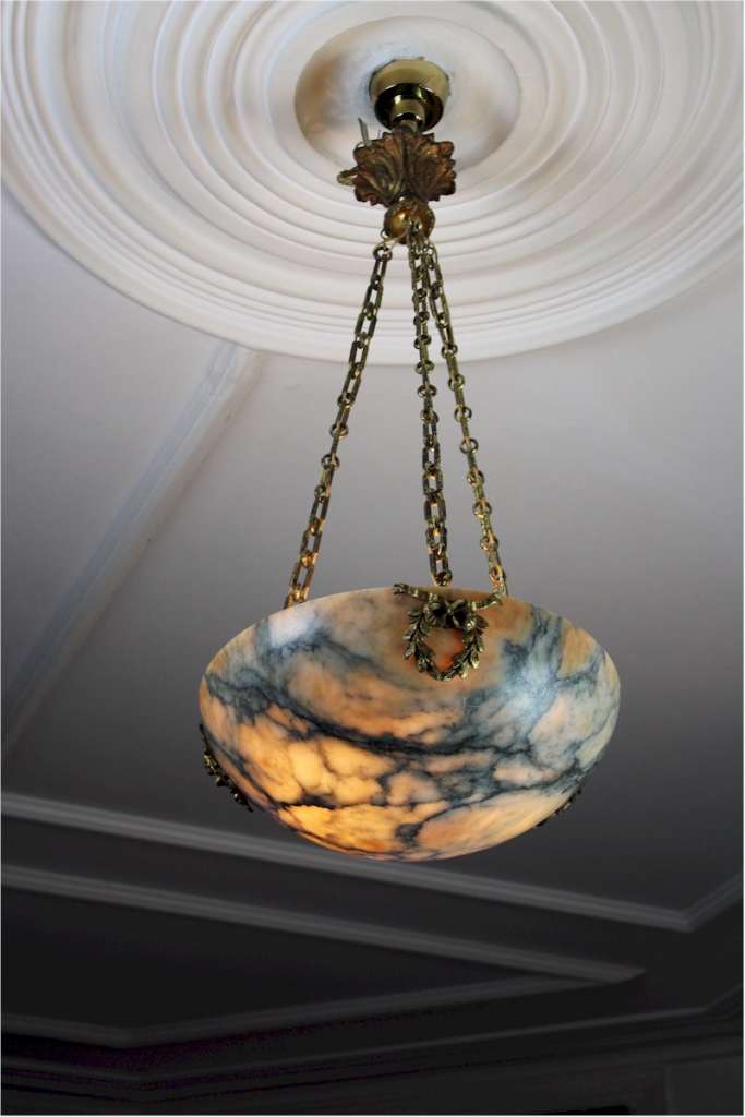 Lovely alabaster hanging shade with wonderful chains and ceiling rose