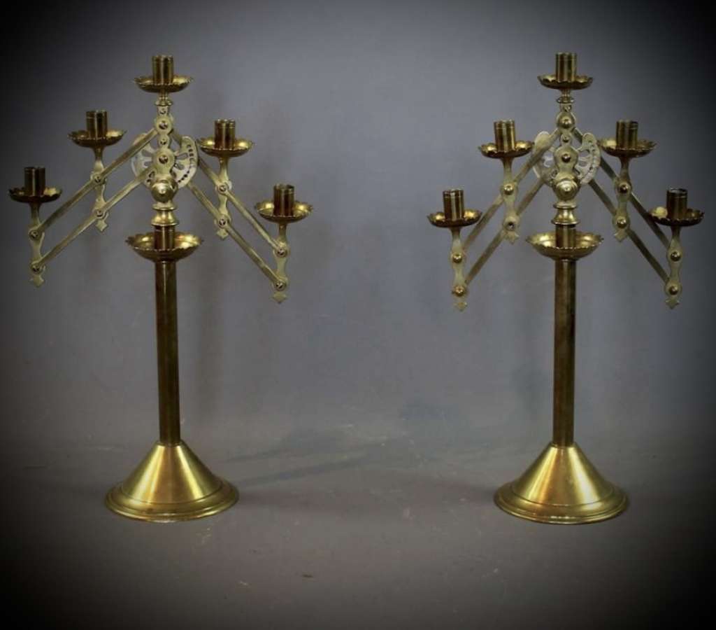 Victorian pair of brass ecclesiastical adjustable candlesticks
