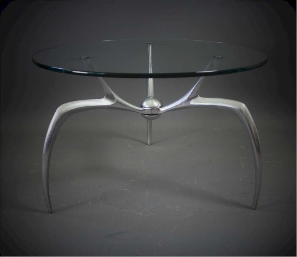 Contemporary aluminium and glass crab coffee table.