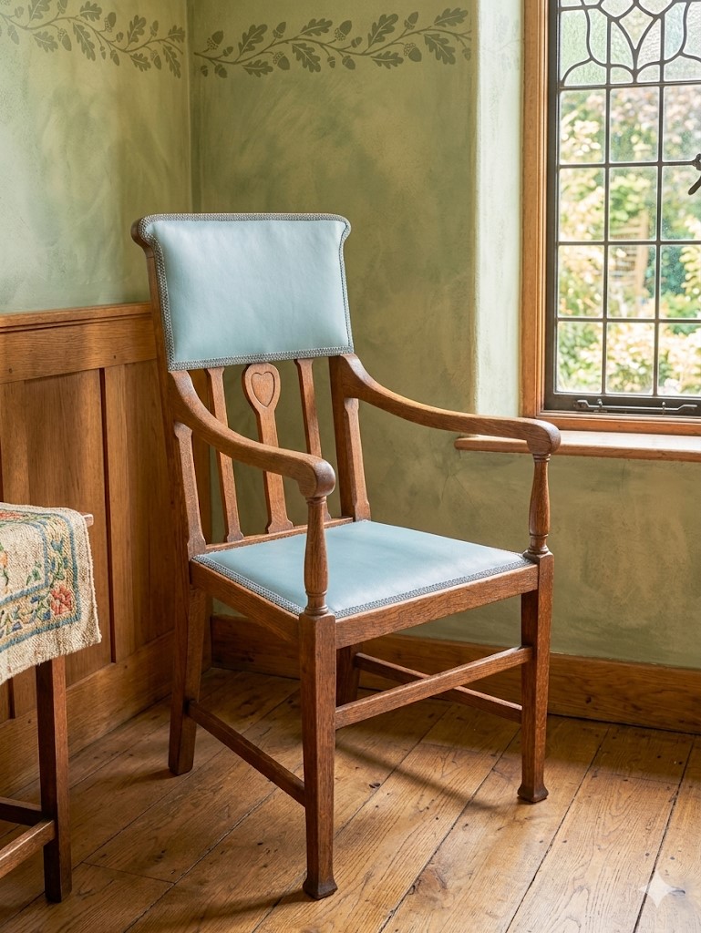 Arts and crafts armchair with carved heart decoration