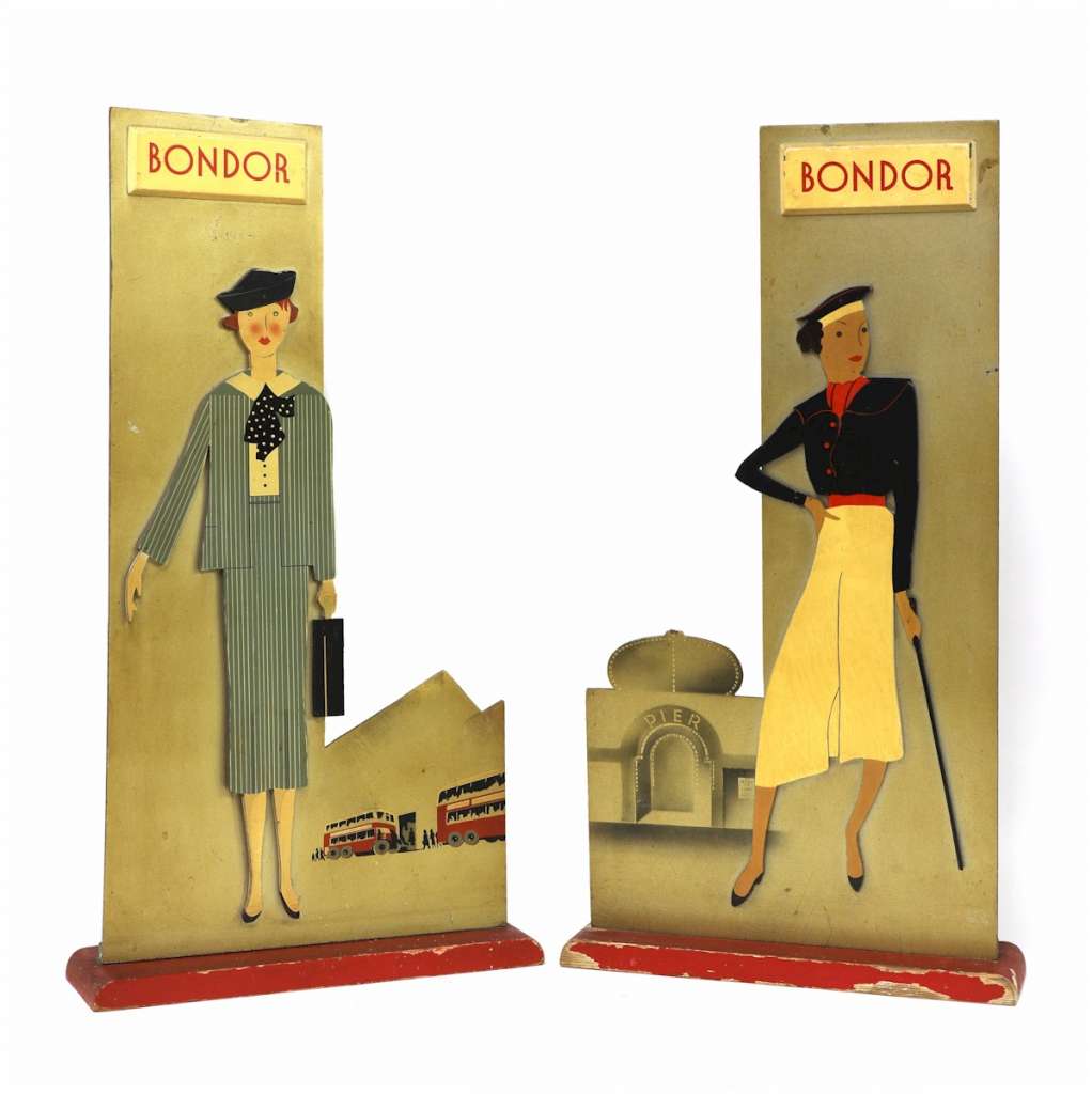 Art Deco painted wood advertising signs for 'Bondor' stockings