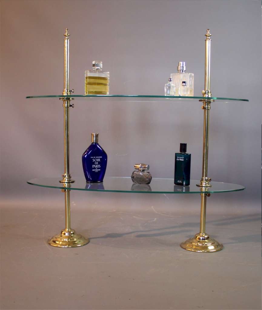 Victorian brass and glass perfume shop display shelves