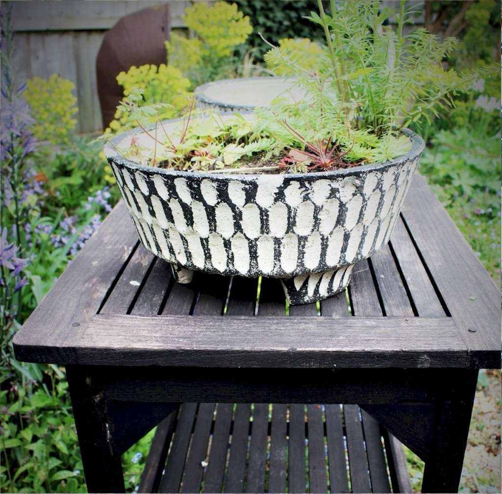 Brutalist pair of concrete garden planters