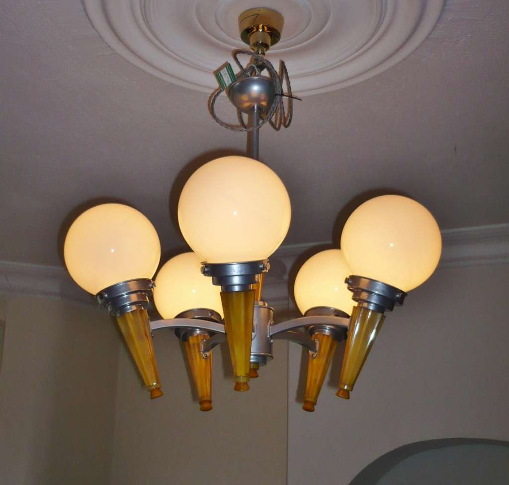 Art Deco phenolic and aluminium 5 arm ceiling light