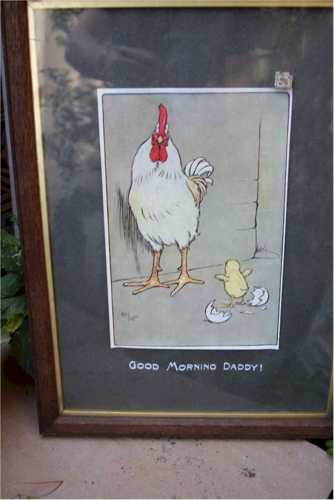Cecil Aldin oak framed print of chicken. Good morning daddy