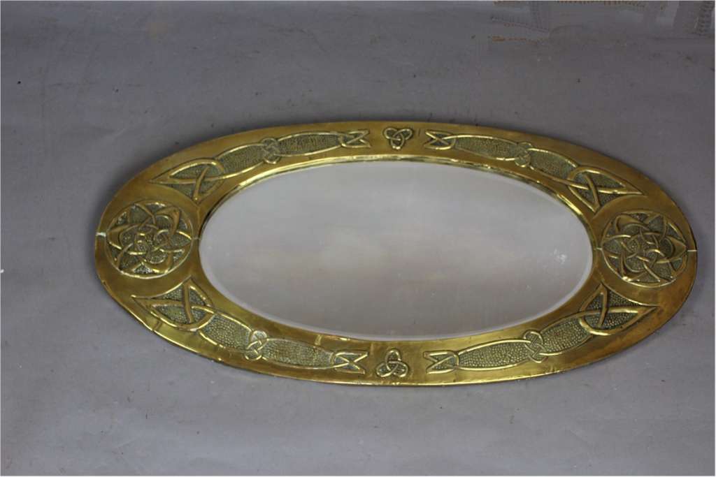 Arts and Crafts oval brass mirror with Celtic Knot design