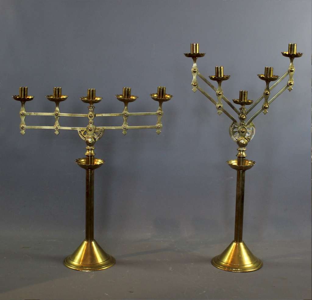 Victorian pair of brass ecclesiastical adjustable candlesticks