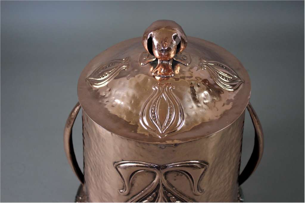 Art Nouveau copper coal bin with lid
