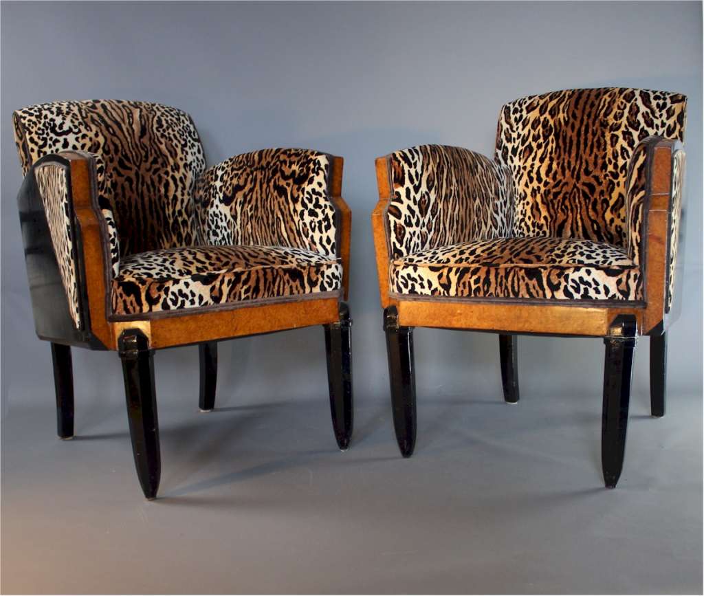 Art Deco pair of salon chairs wood trim and sides
