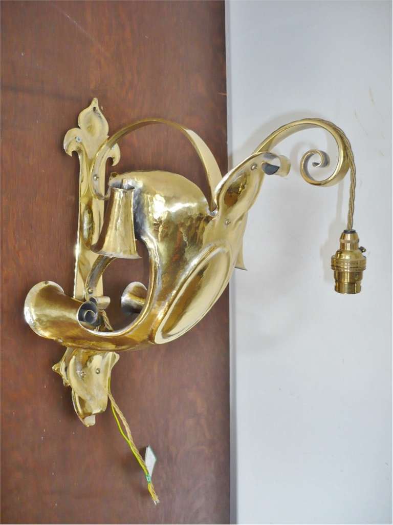 Spectacular set of 3 arts and crafts wall lights in brass