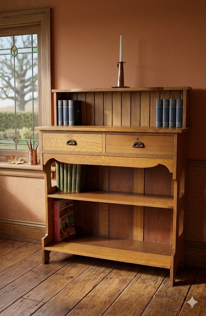 Arts and crafts server / bookcase in golden oak