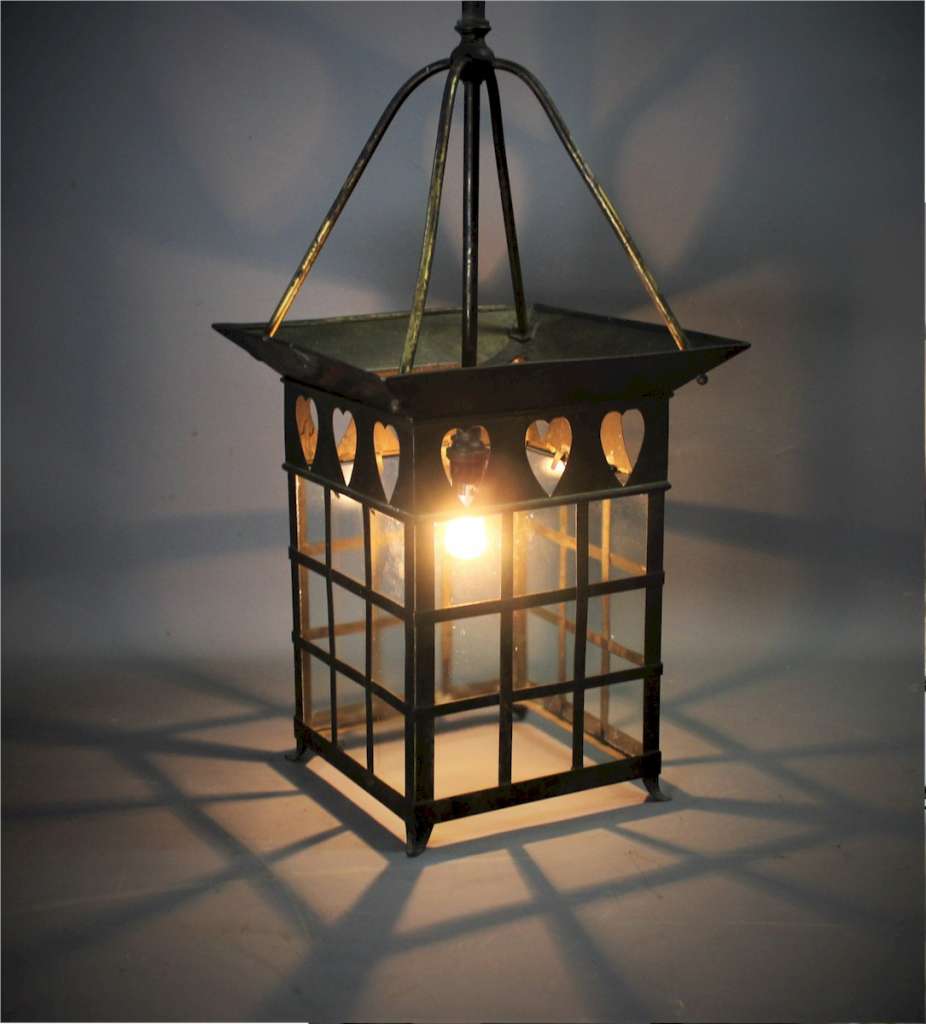 arts and crafts brass lantern with Voysey style pierced heart