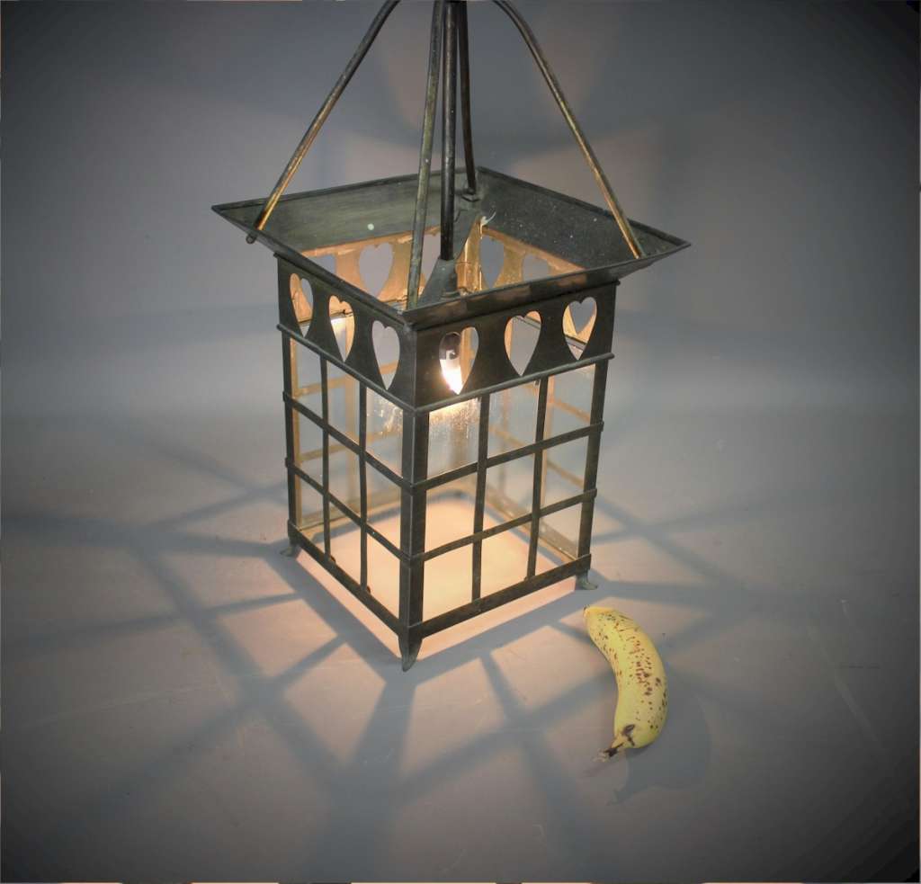 arts and crafts brass lantern with Voysey style pierced heart