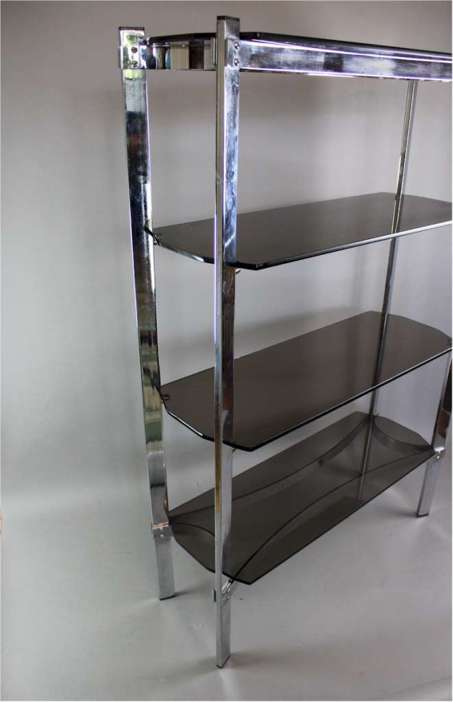 Merrow Associates chrome shelf unit with four smoked glass shelves