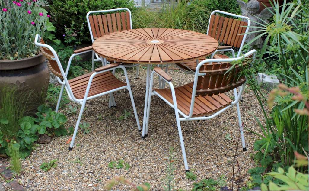 Midcentury Danish Teak Garden Table & 4 Stacking Chairs