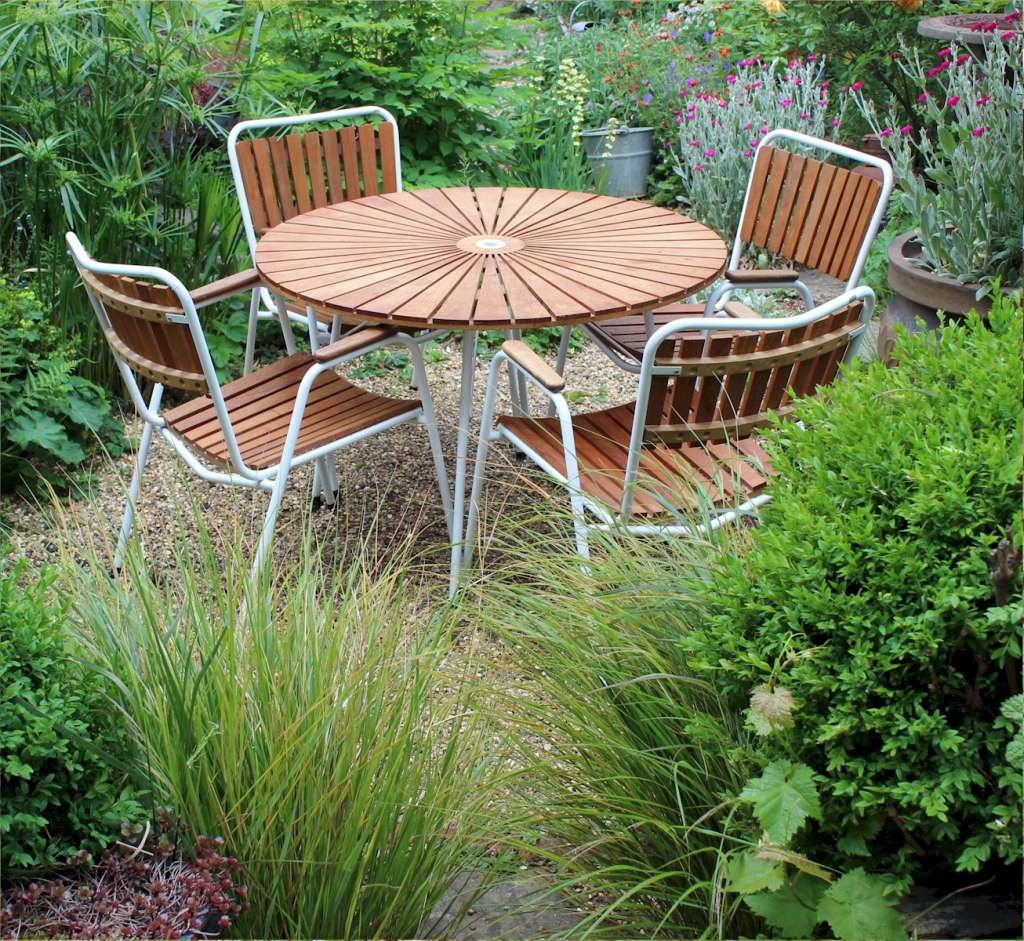Midcentury Danish Teak Garden Table & 4 Stacking Chairs