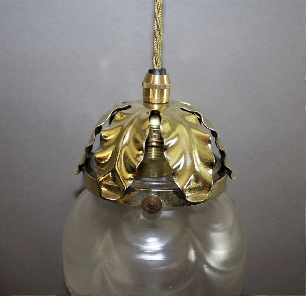 Art Nouveau brass pendant and conical shade lamp
