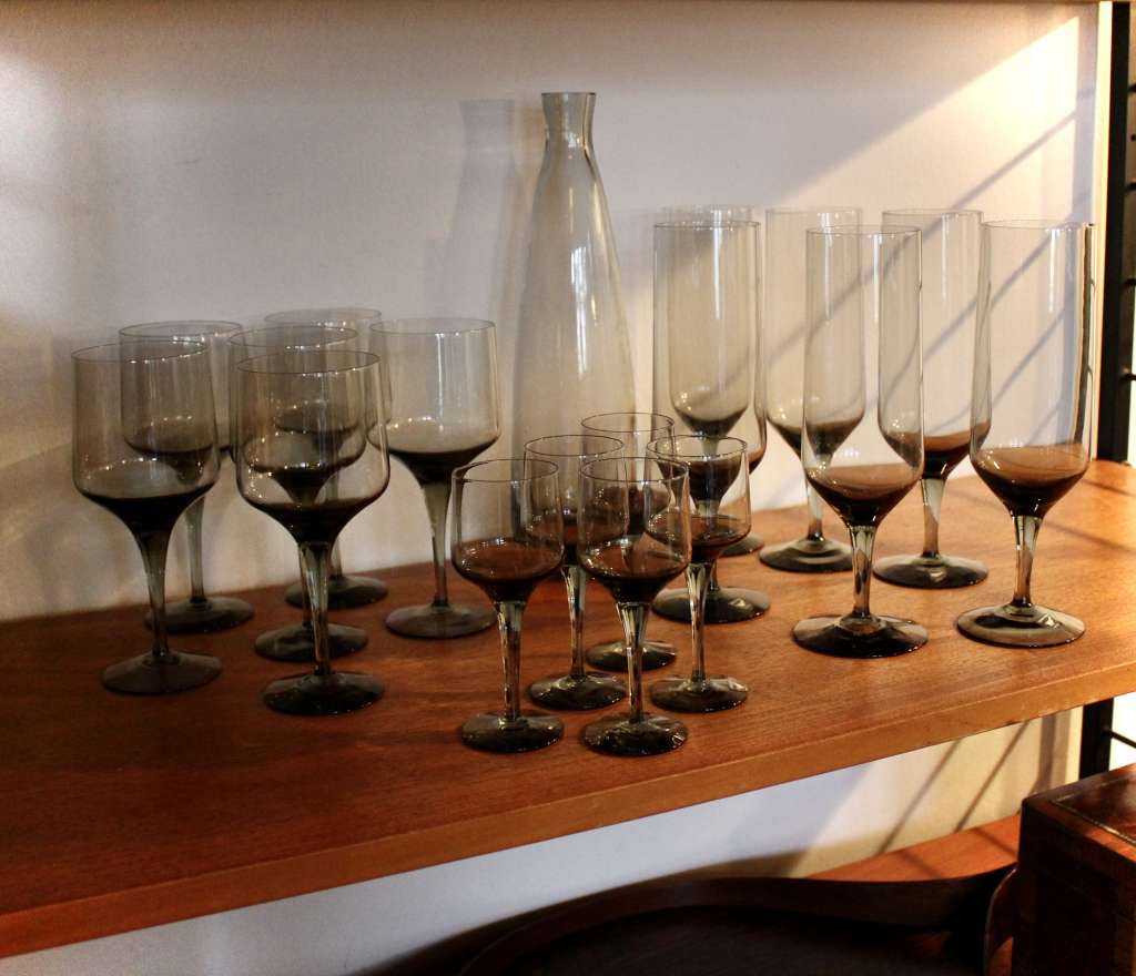Orrefors , collection of smoked glass drinking glasses,
