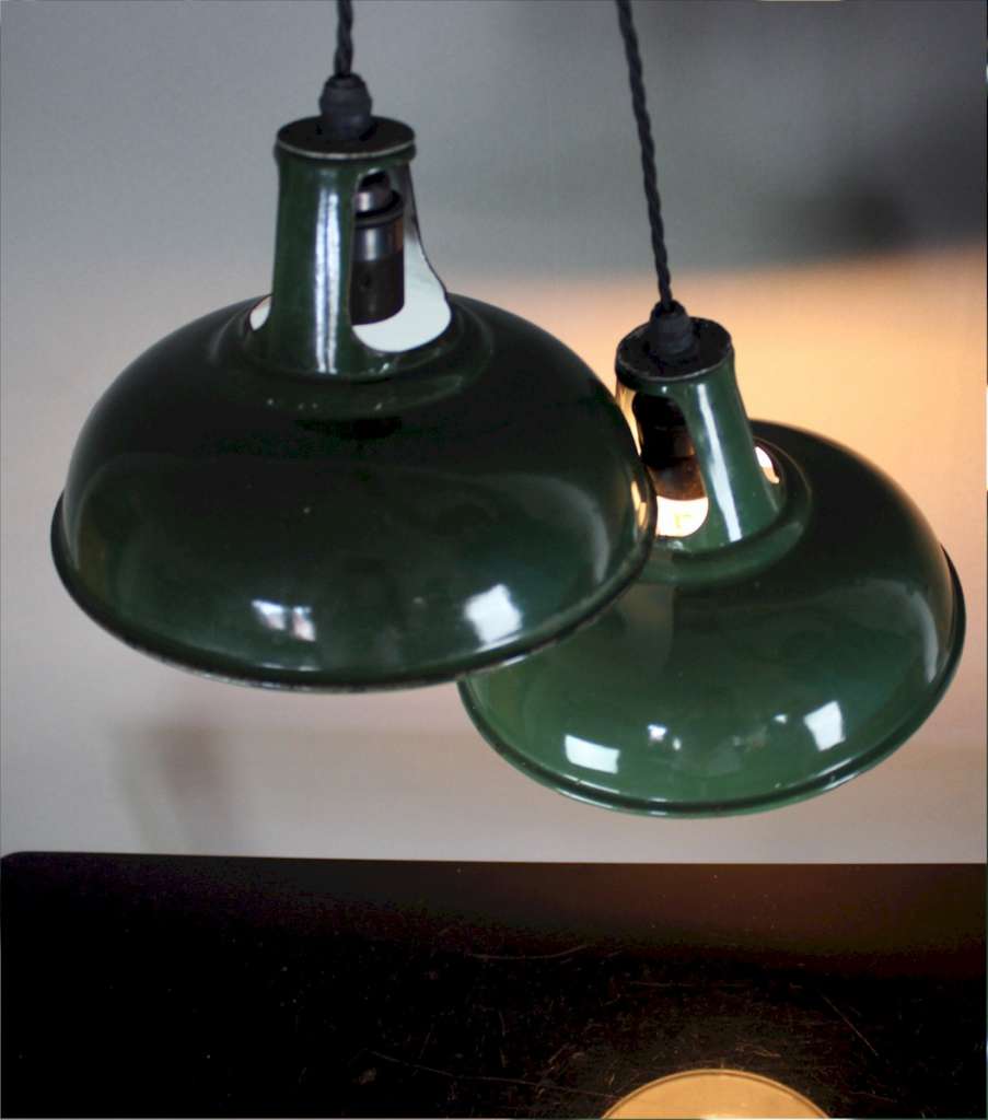 Pair of small green enamelled factory lights