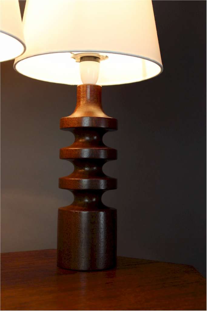 Pair of 1960's tall turned teak mid-century table lamps
