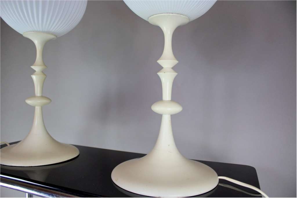 Fabulous pair of 1960's white painted turned wooden table lamps