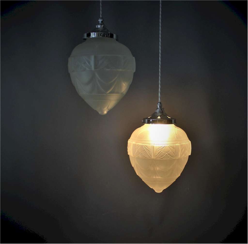Pair of art deco frosted glass pendant lamp shades