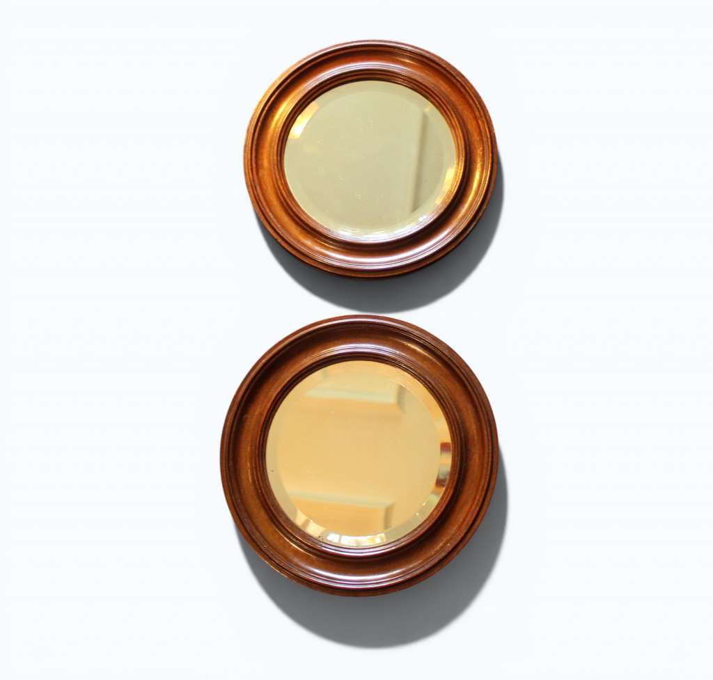 Pair Of Oak Framed Circular Mirrors