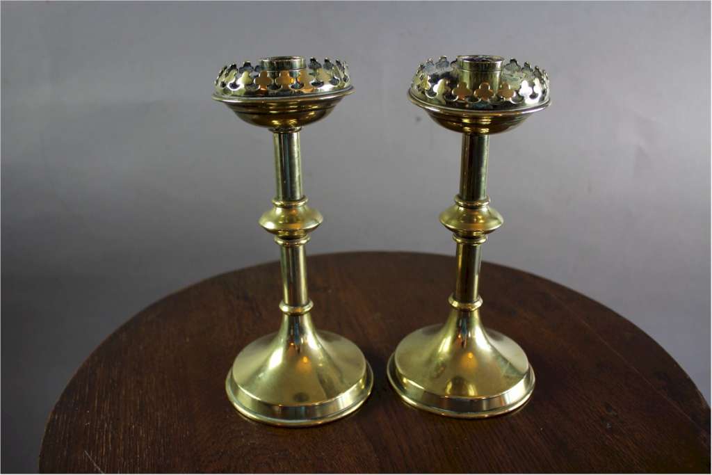 Pair of Victorian Gothic brass candlesticks c1890's