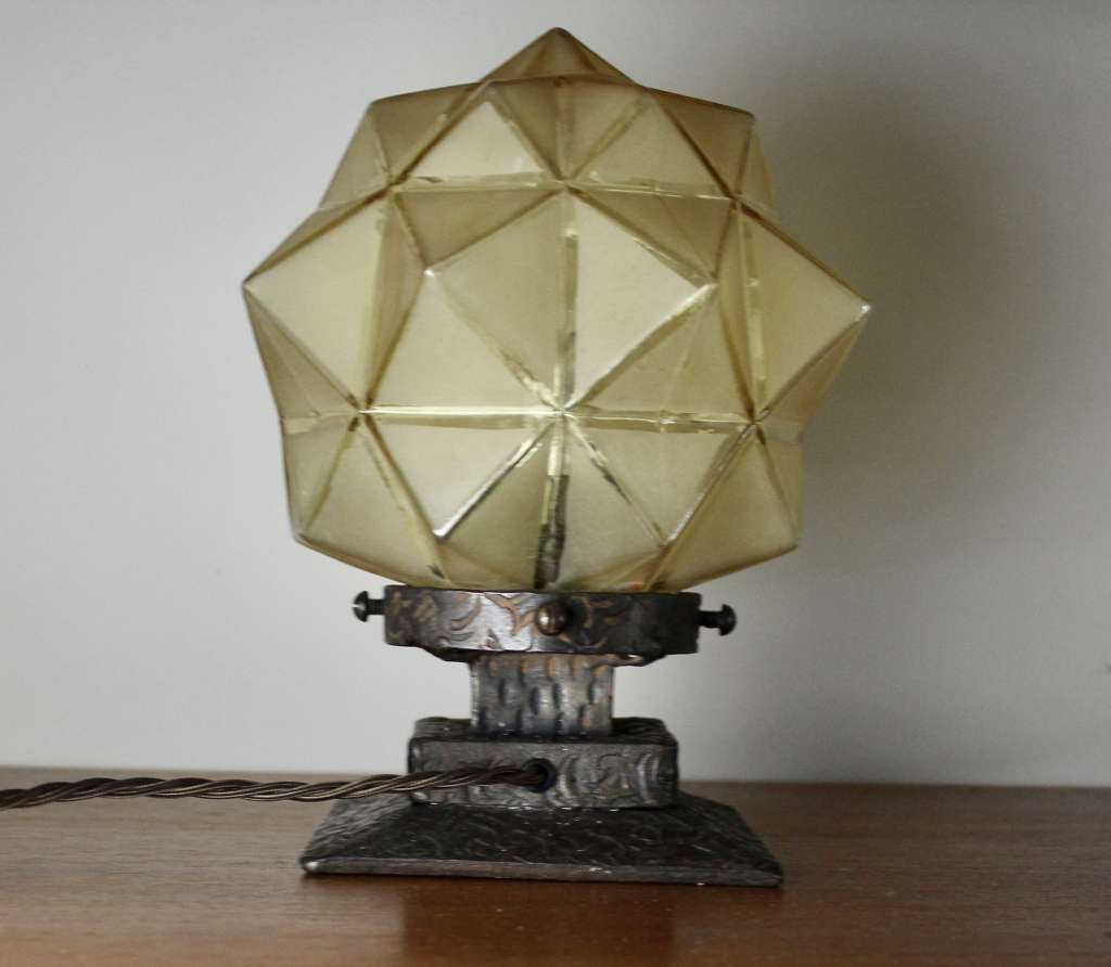 Art Deco iron lamp base with sunburst shade