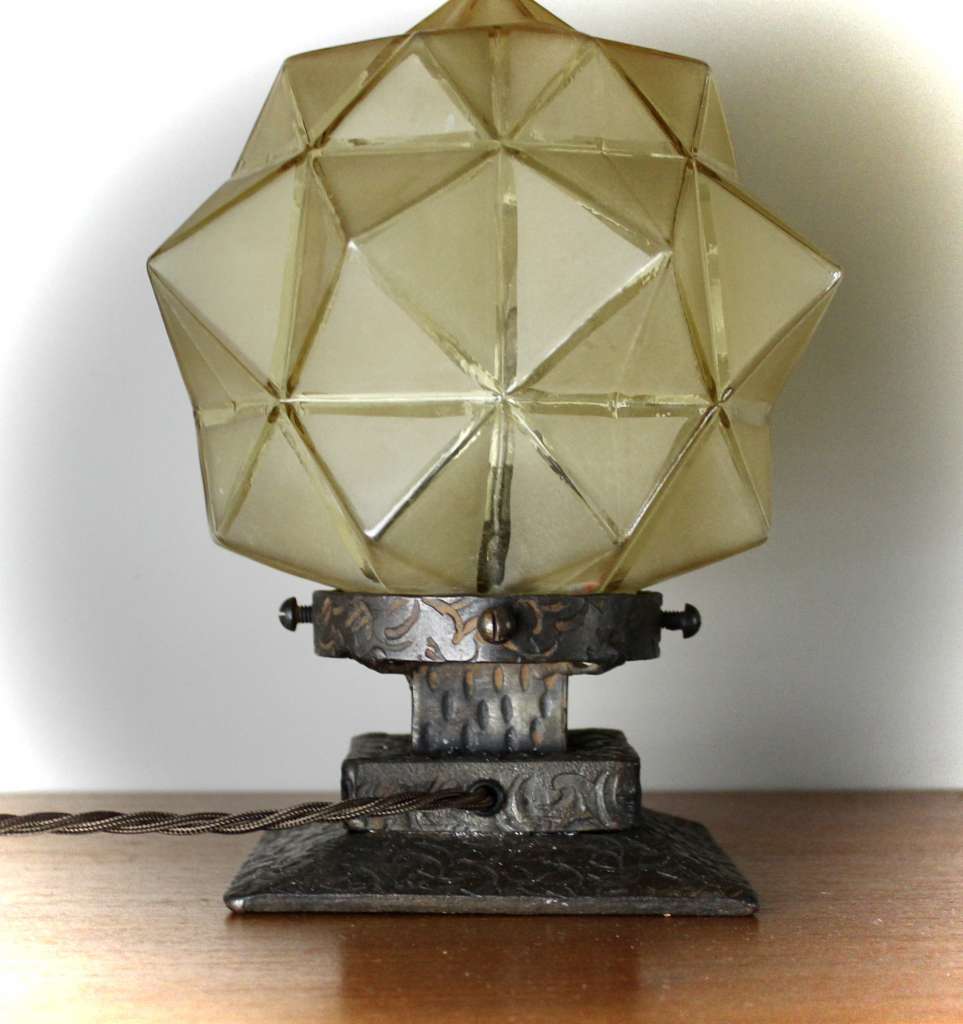Art Deco iron lamp base with sunburst shade